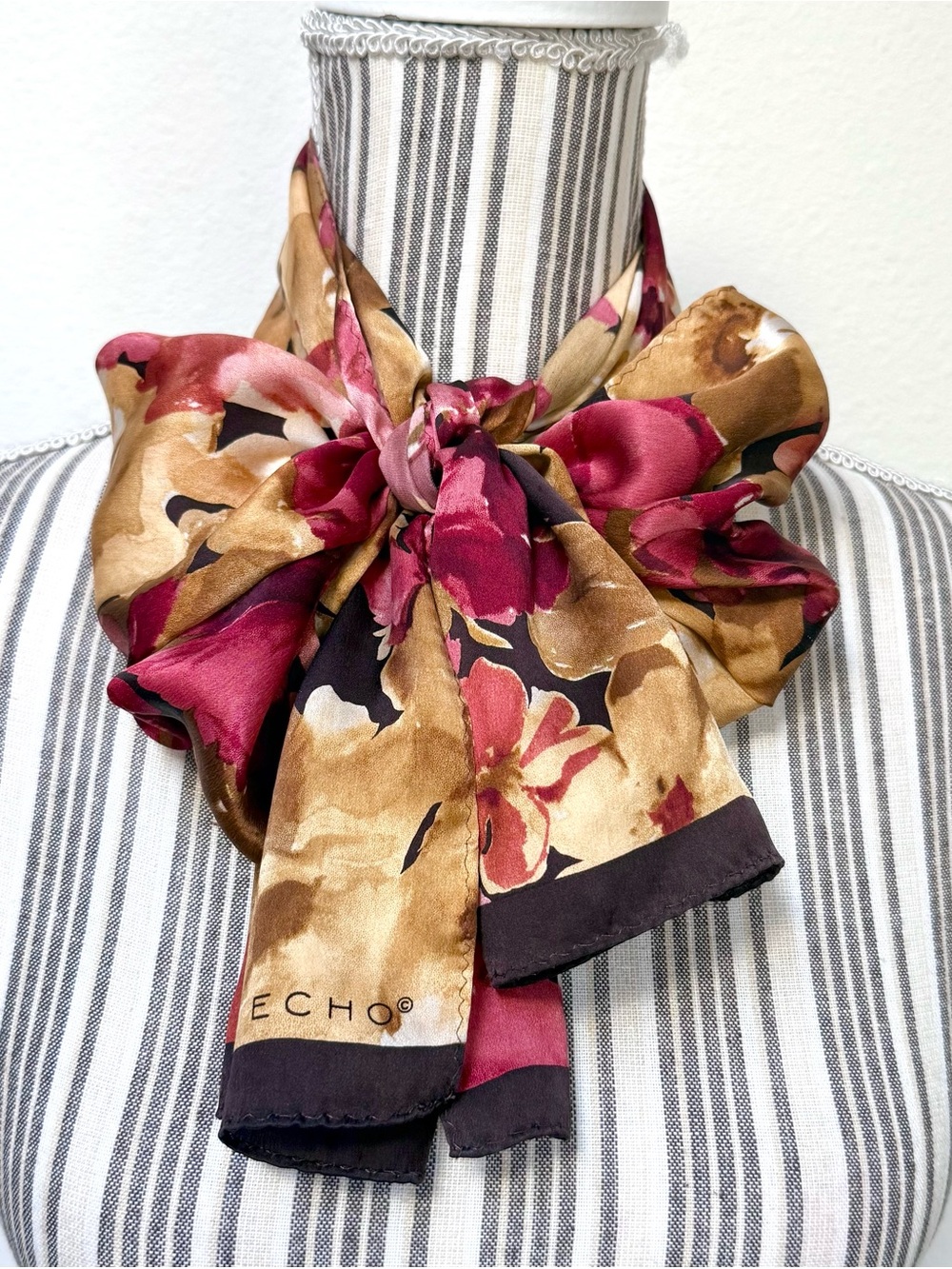 Vintage Echo Floral Oblong Scarf Burgundy Rose Satin Neck Scarf